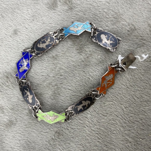 Estate Jewelry - Vintage Siam Sterling Silver Bracelet Multicolor Enamel 6.5"